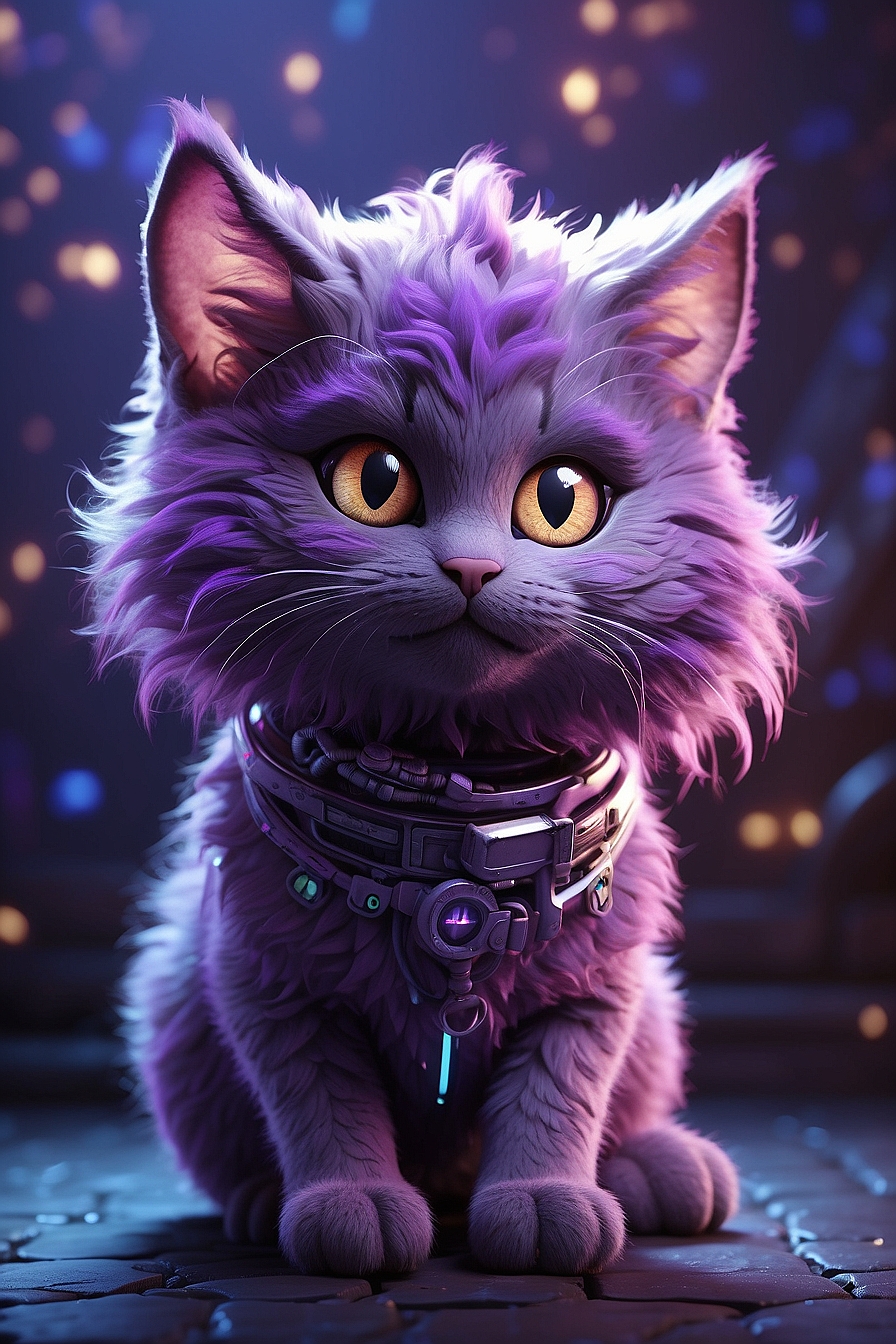 A whimsical creature with the body of a cat and the face of a human, its fur a vibrant shade of purple and its eyes glowing with an otherworldly light. Rendered in a playful, cartoonish style with a hint of sci-fi elements.